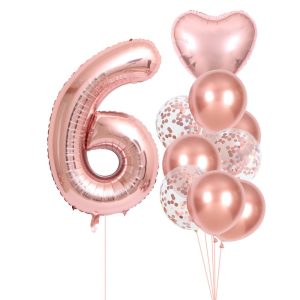 Set 10 Baloane Folie si Latex, Flippy, Tematica Aniversare, Baloane Latex 25cm, Figurina Inimioara 45 cm, Cifra 6 de 81 cm, Ambalaj Individual, Pai Inclus, Umflare cu Aer sau Heliu, Roz Pal