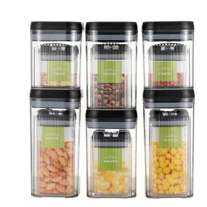 Cutii de Depozitare Alimente, Flippy, Set din 12 Cutii de tip Container, Recipiente pentru Cereale in Bucatarie, Transparente cu Capac Negru