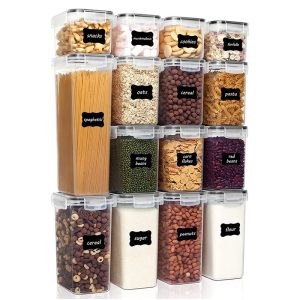 Cutii de depozitare alimente, Flippy, Set din 15 Cutii pentru Condimente, Cereale, Cutii pentru Bucatarie, din Plastic PP, Cutii Alimentare, Diferite Dimensiuni, Transparente