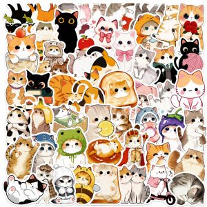 Set 50 Stickere Decorative, Flippy, Modele Pisici Cartoon Dragute, Impermeabile, Aproximativ 5.27 x 5.46 cm, Multicolor
