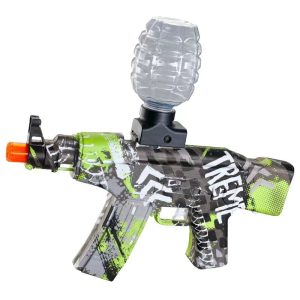Mitraliera de jucarie electrica Flippy cu bile de hidrogen de gel, gun bluster, tragere in rafala, varsta peste 6 ani, sageti cu ventuze de spuma, amortizor, ochelari de protectie, 5000 de bile incluse, cablu de incarcare, 28x31 cm, AK47, verde
