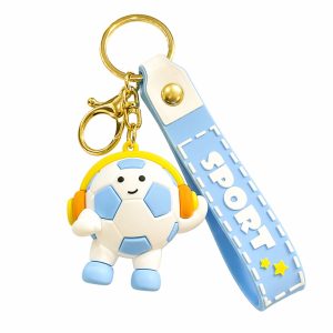 Breloc Chei, Flippy, Model Minge de Fotbal cu Casti, Cupa Mondiala, Accesoriu Pentru Chei si Rucsac, Material Acril, 50 g, Albastru Deschis