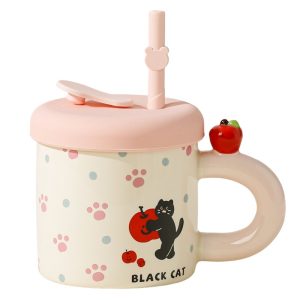 Cana din Ceramica cu Capac si Pai, Flippy, Capacul si Paiul din Silicon Roz, 9x8.5 cm, Model Cute D, Capacitate 380ml