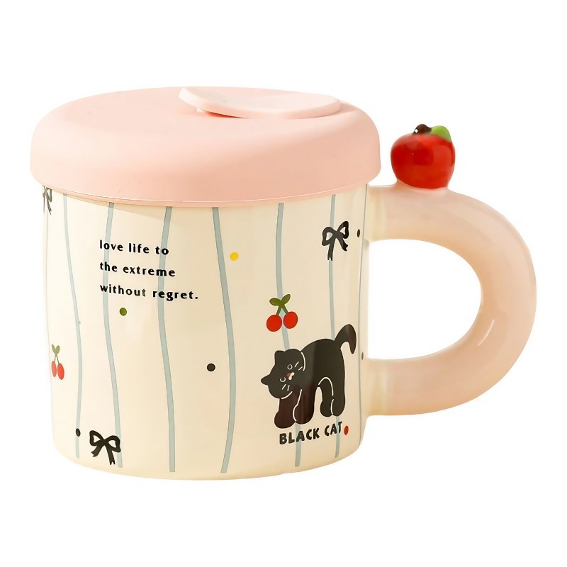 Cana din Ceramica cu Capac si Pai, Flippy, Capacul si Paiul din Silicon Roz, 9x8.5 cm, Model Cute A, Capacitate 380ml
