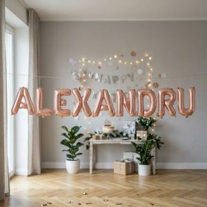 Baloane Folie Metalizate, Flippy, Set ALEXANDRU, Heliu sau Aer, Pai inclus, 40 cm, Rose Gold