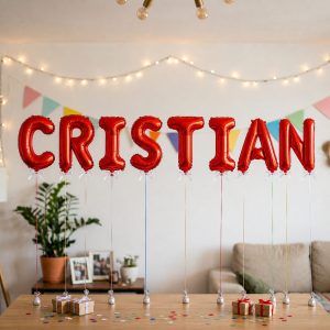Baloane Folie Metalizate, Flippy, Set CRISTIAN, Heliu sau Aer, Pai inclus, 40 cm, Rosu