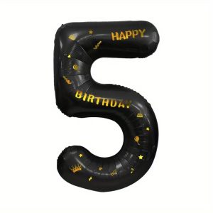 Balon din Folie Metalizata Flippy, Figurina Cifra, Scris Happy Birthday, Tema Aniversare 100 cm, Ambalaj Individual, Pai inclus, Umflare cu Aer sau Heliu, Negru, Cifra 5