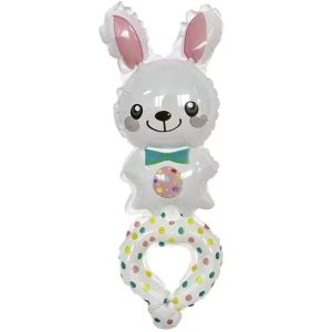 Balon din Folie Metalizata, Flippy, Figurine Animalute, Tip Bratara, Model Iepuras, Ambalaj Individual, Pai Inclus, Umflare cu Aer sau Heliu, Alb