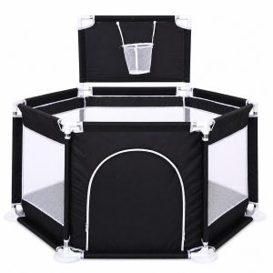 Tarc de Joaca pentru Copii cu Cos de Baschet, Flippy, Usa cu Fermoar, Plasa Laterala, Structura Stabila, Dimensiune 130x115x65 cm, Negru