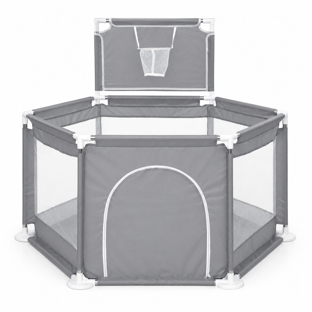 Tarc de Joaca pentru Copii cu Cos de Baschet, Flippy, Usa cu Fermoar, Plasa Laterala, Structura Stabila, Dimensiune 130x115x65 cm, Gri