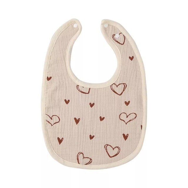 Baveta in Forma de U, Flippy, din Bumbac, pentru Copii 0-12 Luni, Rezistenta la Apa, cu Capse, Model cu Inimoare, 21x30 cm, Bej