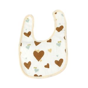 Baveta in Forma de U, Flippy, din Bumbac, pentru Copii 0-12 Luni, Rezistenta la Apa, cu Capse, Model cu Inimioare, 21x30 cm, Bej
