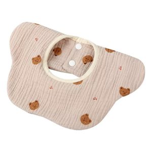 Baveta Tip Floare, Flippy, din Bumbac, pentru Copii 0-12 Luni, Rezistenta la apa, cu Capse, Model cu Ursuleti, 26 x 29 cm, Crem