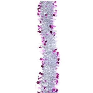 Beteala de Craciun cu LED, Flippy, 2 m, 5 cm Grosime, din PVC, Model cu Stelute, Artificiala, Mov/Argintiu