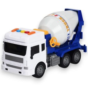 Betoniera cu frictiune, Lumini si sunete, Jucarie interactiva utilaj de constructii pentru copii, Camion santier cu tambur rotativ, Betoniera plastic realist, Vehicul constructii, Copii 3+ ani, Efecte luminoase si sonore, Alb