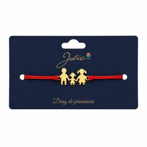 Mărțișor Brățară pentru Primăvară, Jolie, Șnur Roșu Textil și Inox, Model Familie, Reglabilă, Simbol al Iubirii și Legăturilor de Familie, Auriu