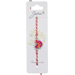 Martisor Bratara Snur Alb-Rosu, Jolie, Pandantiv Metalic, Model Inimioara