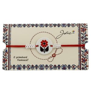 Martisor Traditional Bratara Norocoasa, Jolie, Model Rotund Floare, Bratara Martisor pentru Copii, din Plastic/Textil, Snur Rosu/Alb