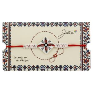 Martisor Traditional Bratara Norocoasa, Jolie, Model Romb Port Traditional, Bratara Martisor pentru Copii, din Plastic/Textil, Snur Alb/Rosu
