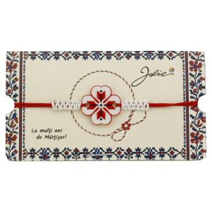 Martisor Traditional Bratara Norocoasa, Jolie, Model Trifoi Port Traditional, Bratara Martisor pentru Copii, din Plastic/Textil, Snur Rosu/Alb