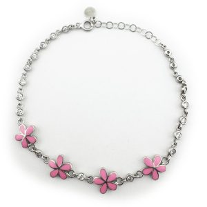 Bratara pentru Copii, Jolie, Argint 925, Model Floare, cu Email si Zirconiu, 21 cm/4.5g Argintiu/Roz