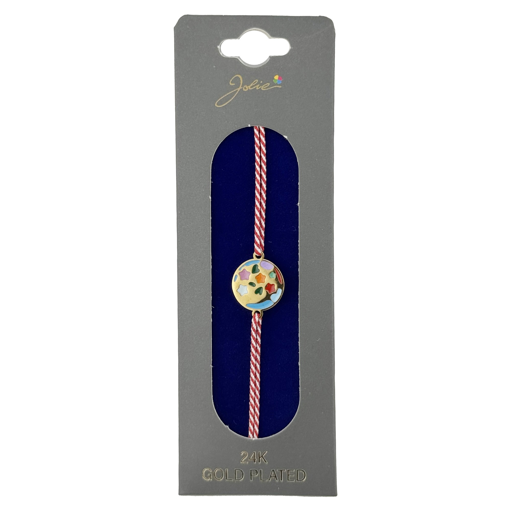 Bratara Placata cu Aur 24k, Jolie, Model GLOB cu STELE, Martisor Bratara, cu Snur Alb/Rosu, Auriu