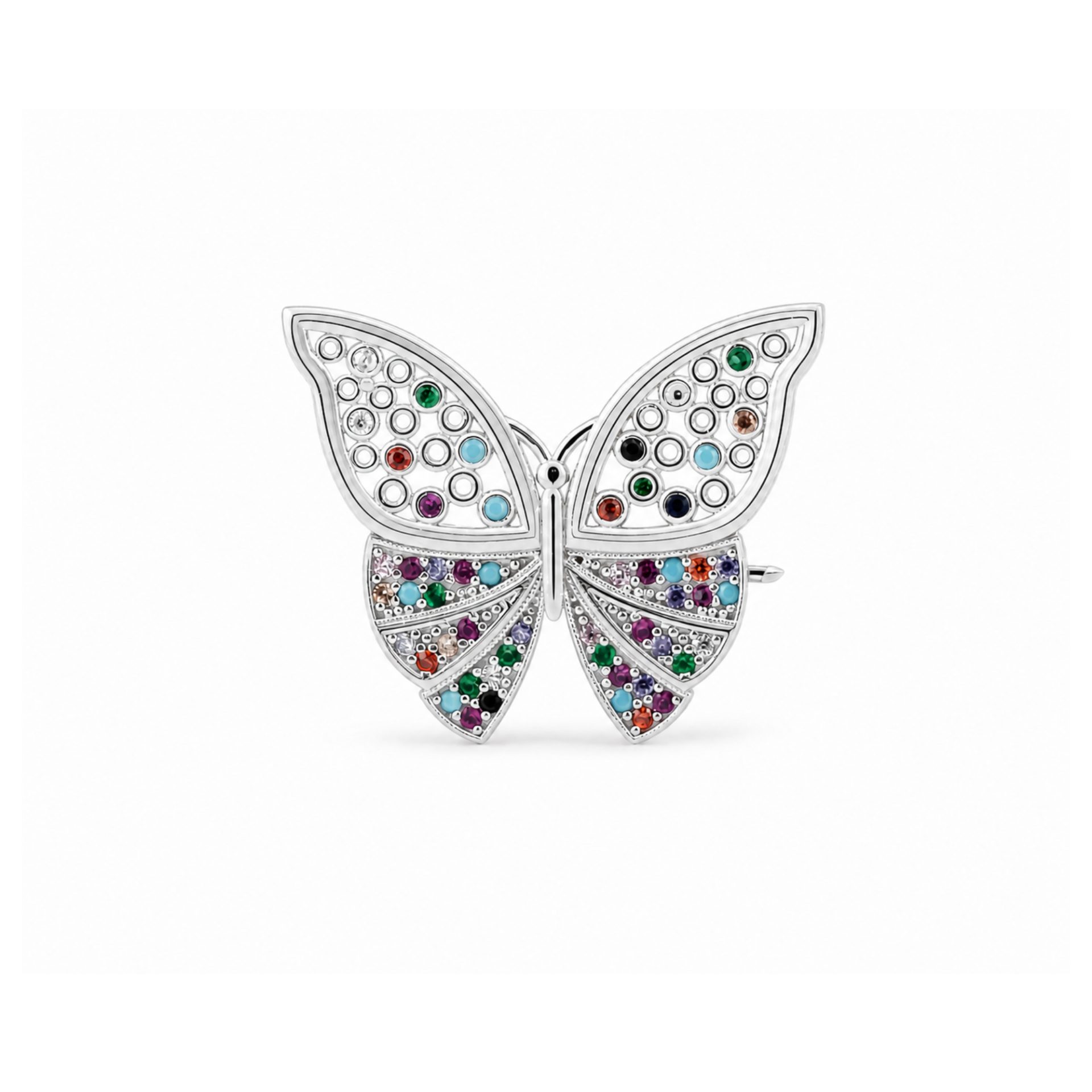 Broșă din Argint 925, Jolie Silver, Model Fluture, cu Pietre Multicolore Încrustate, Design Decupat, Finisaj Lucios, Argintiu și Multicolor