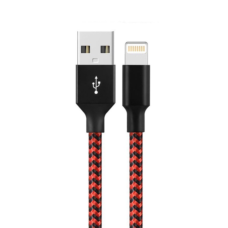 Cablu de Date pentru Telefon, Flippy, Cablu USB spre Lightning Compatibil cu iPhone, Lungime 2 M, Impletit Triunghiular in 2 culori, Rosu Negru