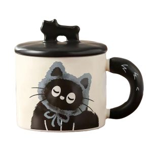 Cana din Ceramica, Flippy, Model in Cutie pentru Cadou, Cana pentru Ceai, Cafea, Cana Retro Design Capac cu Figurina 3D, 9.5 x 8 x 8 cm, 360 ml, Bej, Print Pisica Albastru Negru