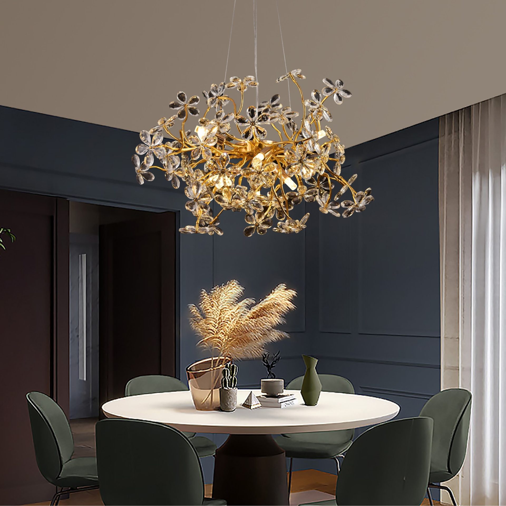 Candelabru Cristal AURAFLOR Regalis, 12xG9, Crom si Cristale , D75cm, Inaltime Reglabila