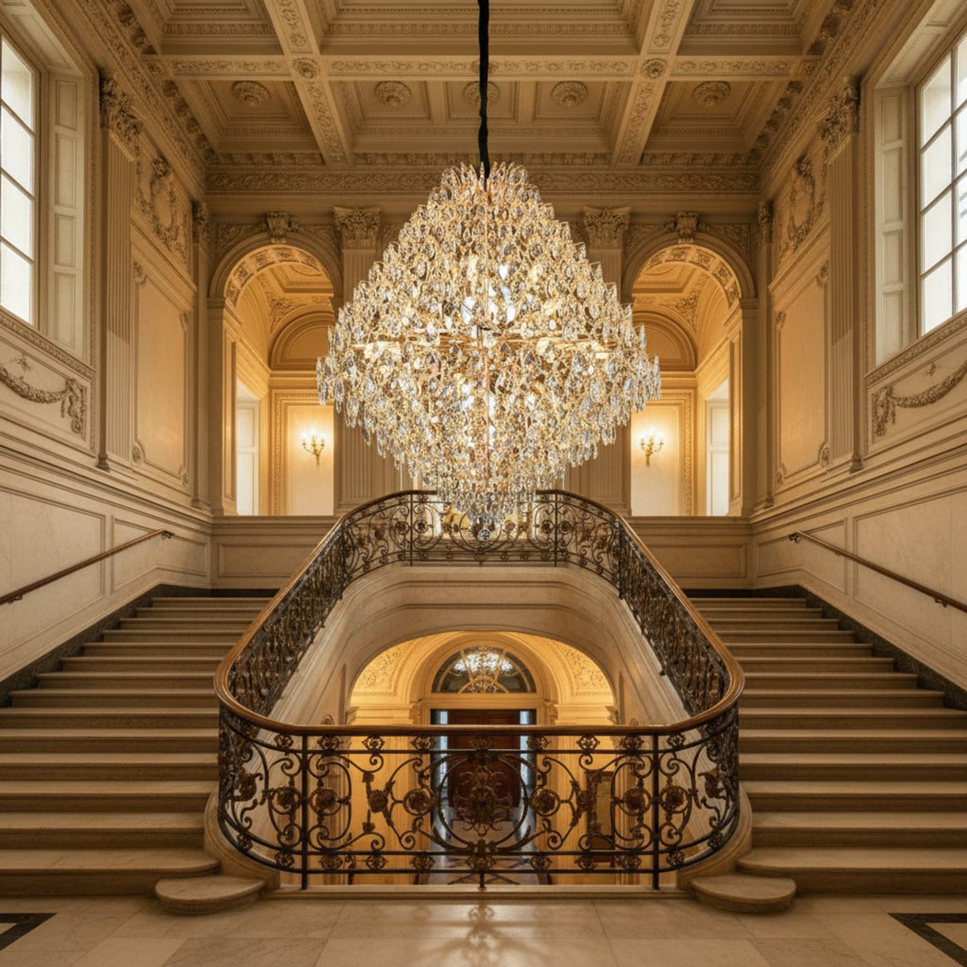 Candelabru Cristal KONIG Grande, 32xE14, D120 cm, Auriu, Inaltime Reglabila, Metal si Cristal