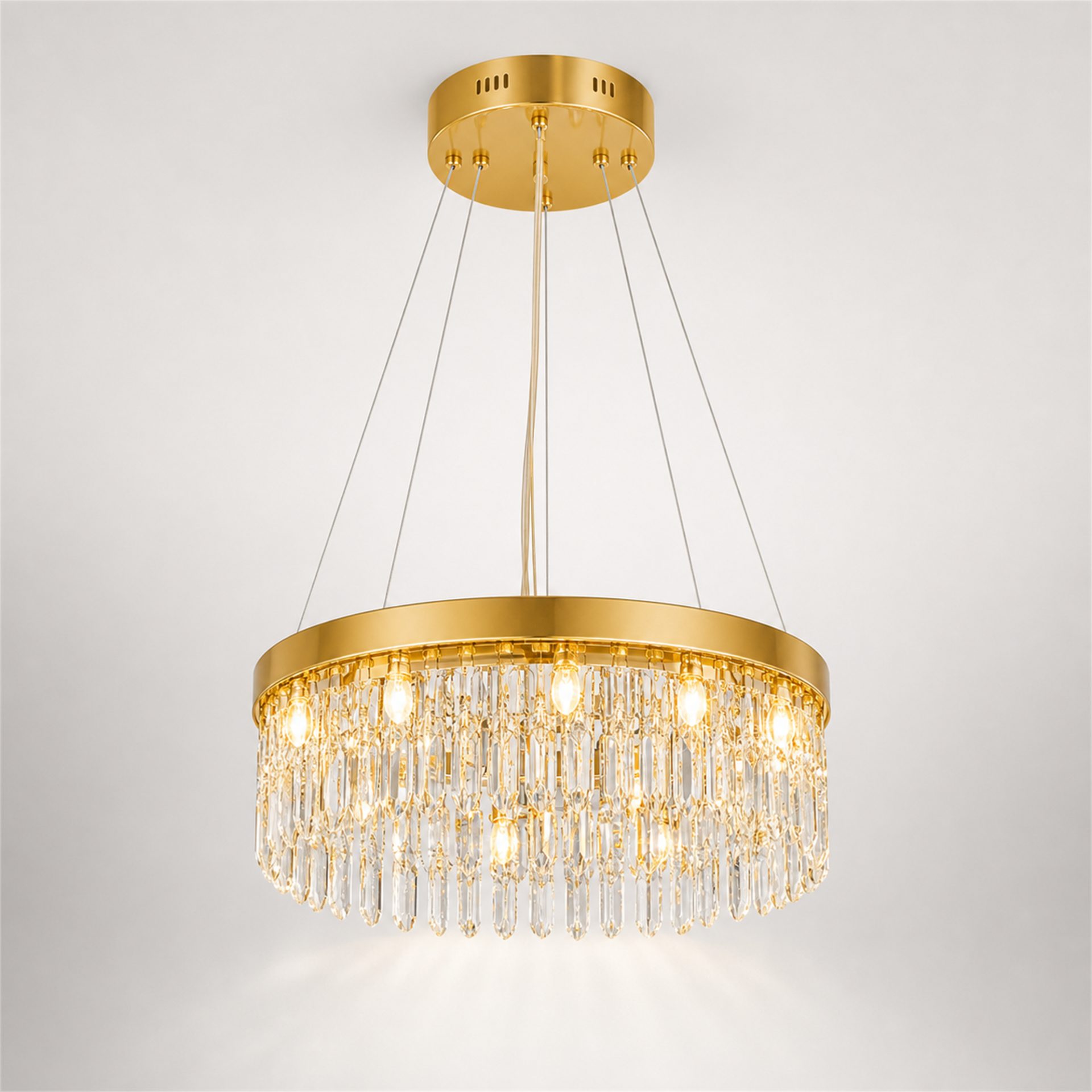 Candelabru Cristal LAGOM LED cu Telecomanda, Suspendat, 12 Surse, 36W, Diametru 40cm, Lumina Calda / Neutra / Rece, Inaltime Reglabila, Auriu, Metal si Cristal