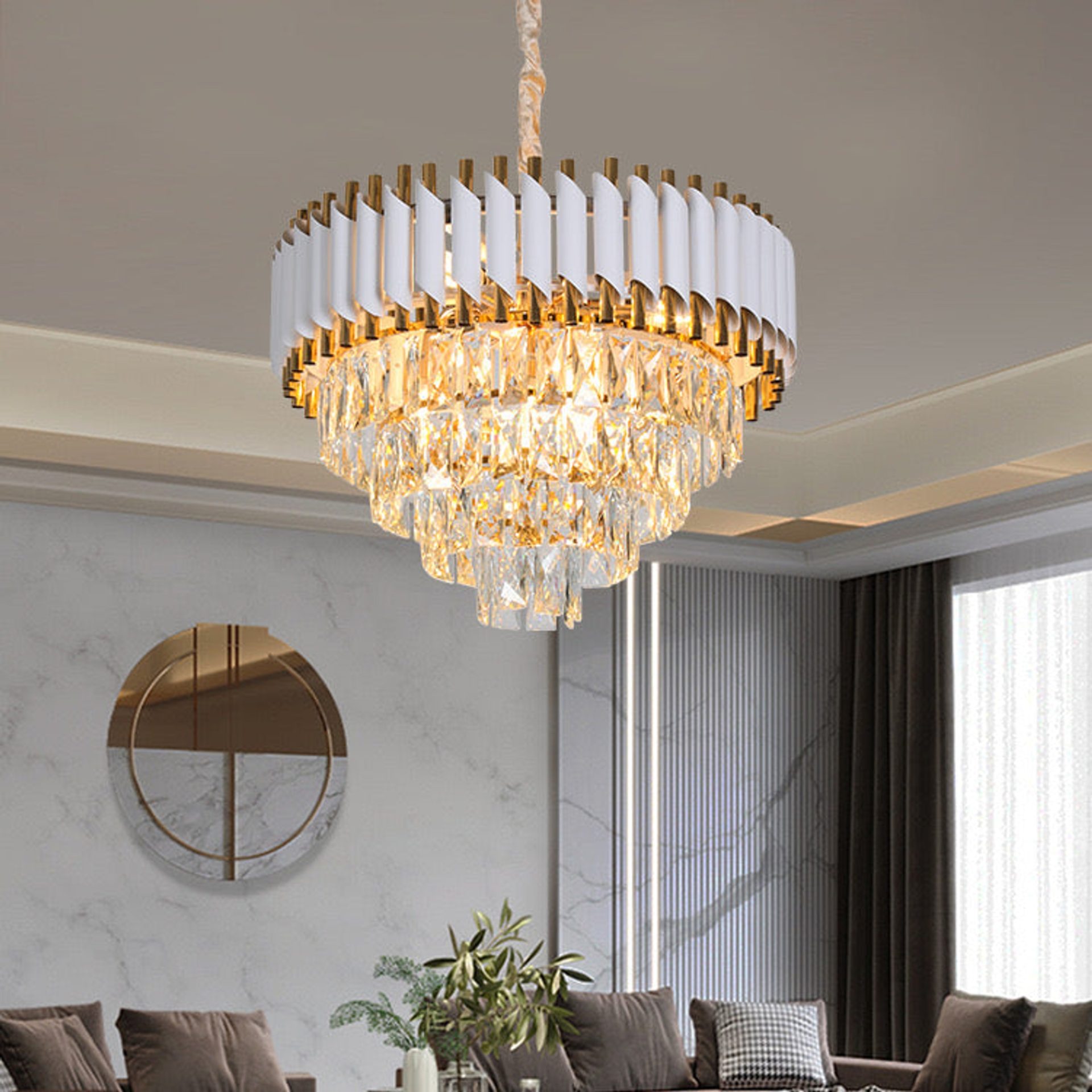 Candelabru Cristal VERSAILLES Magno 8x E14, Diametru 60cm, Auriu Lucios si Alb, Inaltime Reglabila