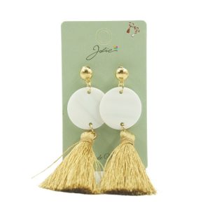 Cercei Dama de Primavara, Jolie, Model cu Ciucuri Aurii si Disc Alb, Eleganti si Moderni, 7 x 2 cm per unitate, Alb/Auriu