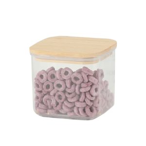 Cutie de Depozitare Alimente, Flippy, Cutie de tip Container, Cutie pentru Cereale, din Plastic, Capac din Bambuc, 10 x 10 x 8 cm, Volum 0.5 L, Transparenta