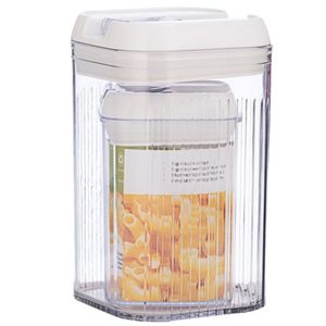 Cutii de Depozitare Alimente, Flippy, Set din 2 Cutii de tip Container, Recipiente pentru Cereale in Bucatarie, 0.8 L-10x15.5 cm, 2 L-12.5x12.5x21.5 cm, Transparente cu Capac Alb