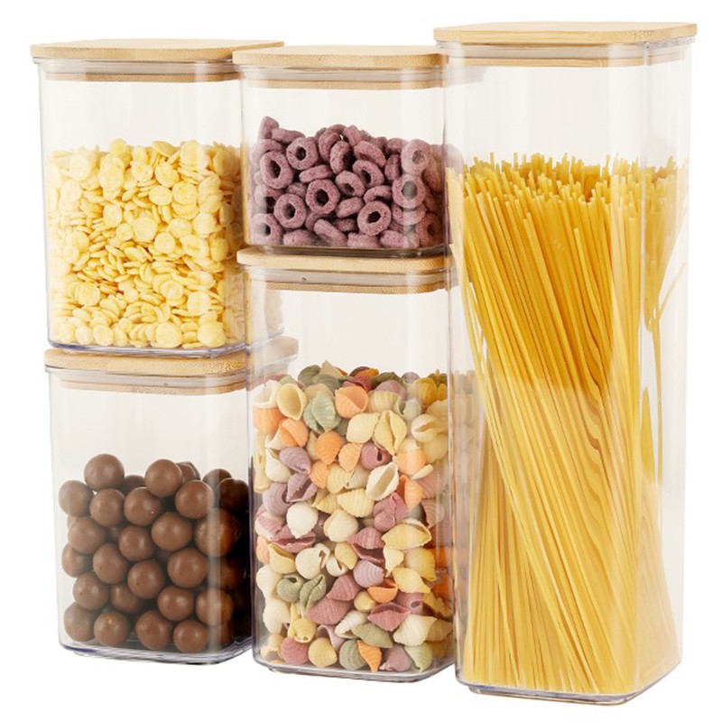 Cutii de Depozitare Alimente, Flippy, Set din 5 Cutii de tip Container, Cutii pentru Cereale, din Plastic, Capac din Bambuc, 1pc 0.5 l. 2pc 0.8 l, 2pc 1.2 l, 1pc 1.9 l, Transparente