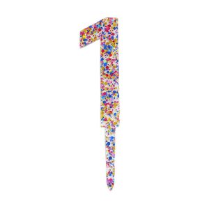 Decoratiune Topper pentru Tort, Flippy, din Acrilic cu Fulgi de Sclipici, Model Cifra 1, Inaltime 18.5 cm, Transparent Multicolor