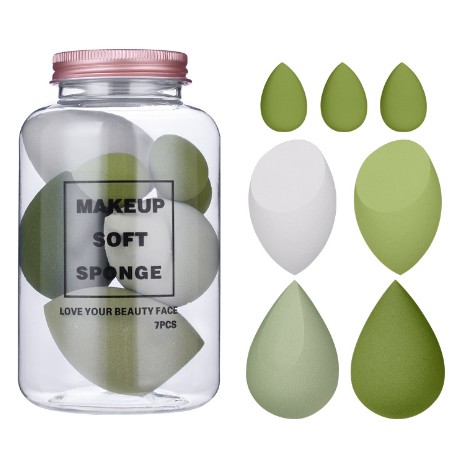Bureti de Machiaj, Flippy, Set Premium 7 bucati, Burete pentru Pudra de Machiaj, Forma Ovala, Poliuretan hidrofil, Verde