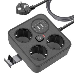 Prelungitor Multifunctional pentru Birou, Flippy, 3 Prize, 2 USB-A, 2 TYPE-C, Suport pentru Telefon, 3250W, Lungime Cablu 2 m, 11.4 x 12.4 cm, Negru