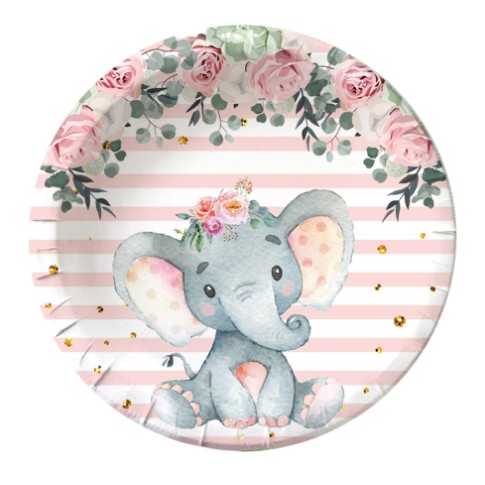 Set 10 Farfurii Unica Folosinta, Flippy, Imprimeu Elefant, din Carton, 17 cm, Roz