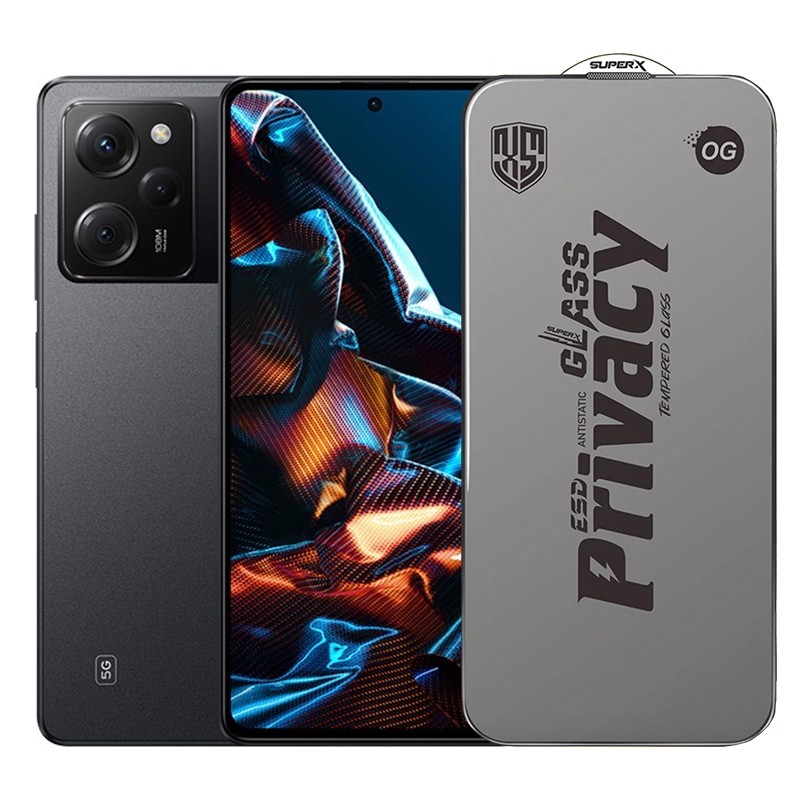 Folie de Protectie pentru Xiaomi Poco X5 Pro, Flippy, Sticla Securizata ESD Antistatica, Super-X Privacy OG, Margini Negre, 0.30 mm, Transparent Inchis