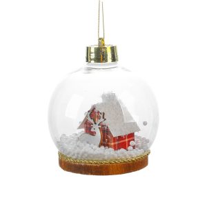 Glob pentru Bradul de Craciun LED, Flippy, Model B, Glob Transparent cu Figurina Casa si Ren iluminat LED, Diametrul 10 cm, Baza Solida, Transparent