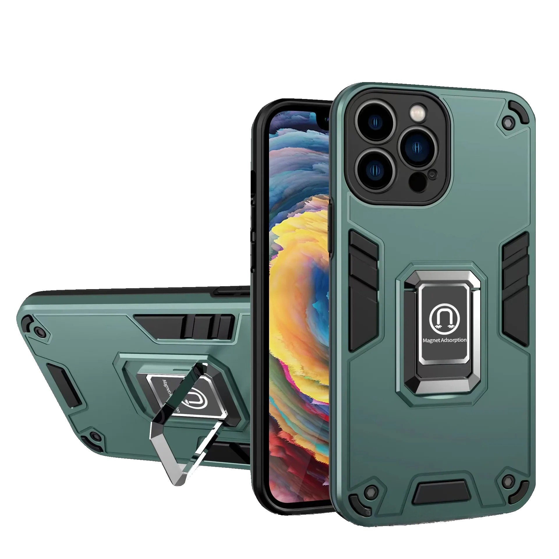 Husa Iron Warriors pentru iPhone 13, Flippy, Hybrid Ring Holder Kickstand, Verde inchis