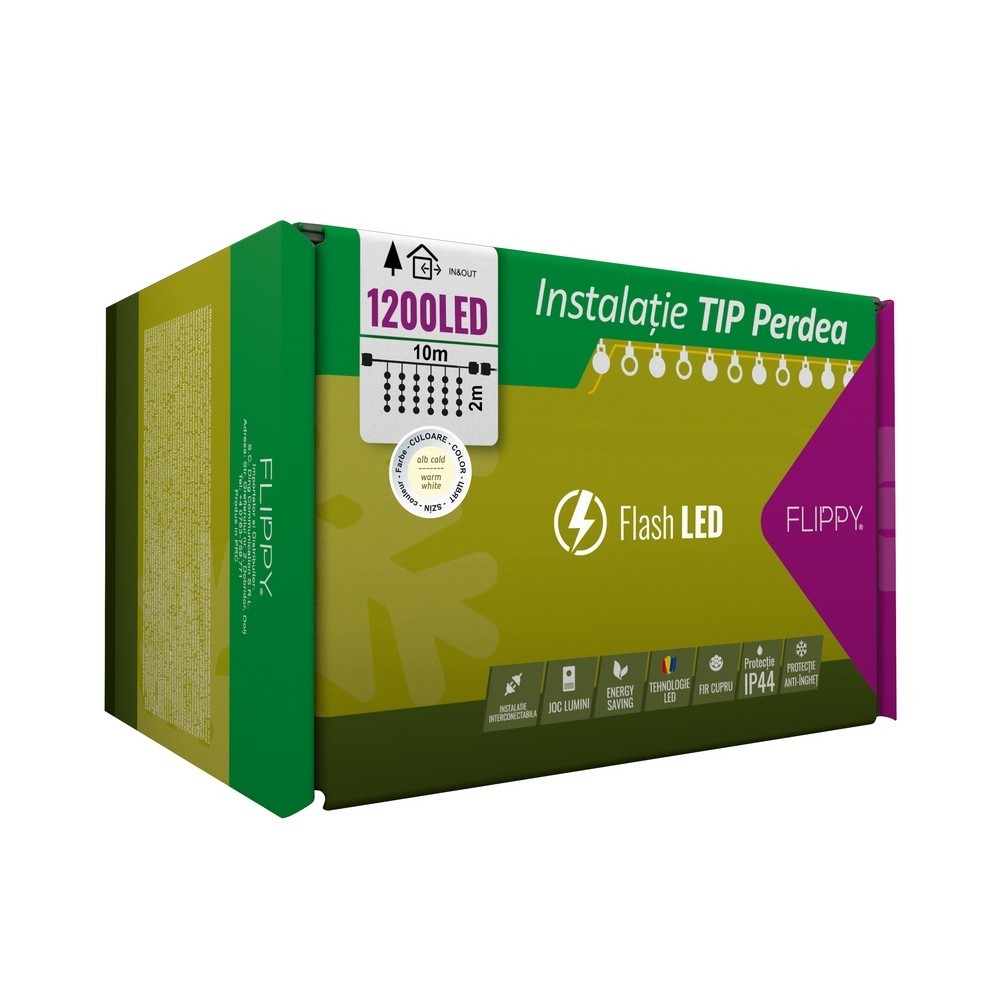 Instalatie Craciun, Tip Perdea, IP44, 10 m x 2 m, 1200 LED-uri, Alb cald, cu flash, Transformator cu telecomanda, Interconectabila, Prelungitor 5 m inclus, Fir transparent, Interior/ Exterior, Flippy