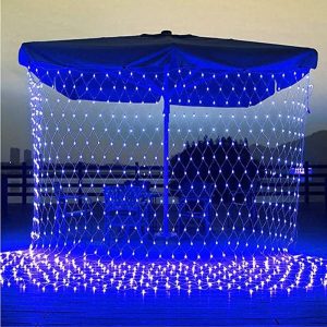 Instalatie Craciun, Tip Plasa, IP 44, 14 x 1 m, 560 LED-uri, Albastru, 8 jocuri de lumini, Transformator cu telecomanda, Interconectabila, Prelungitor 5 m inclus, Fir transparent, Flippy