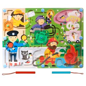 Joc Montessori de Sortare Culori, Flippy, Creion Magnetic, Tip Labirint Ilustrat, din Lemn, Model Meserii, 39x29x1.5 cm