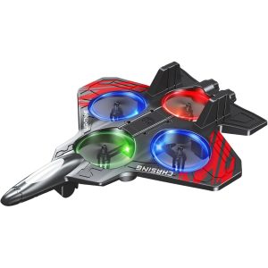Avion de Lupta cu Telecomanda, Flippy, Tip Drona, din EVA (Spuma), cu Telecomanda, Incarcare USB, 2.4 GHz, Rotire 360°, Zbor pana la 120 m, LED, 25.5 x 18 x 5.2 cm, Negru-Rosu