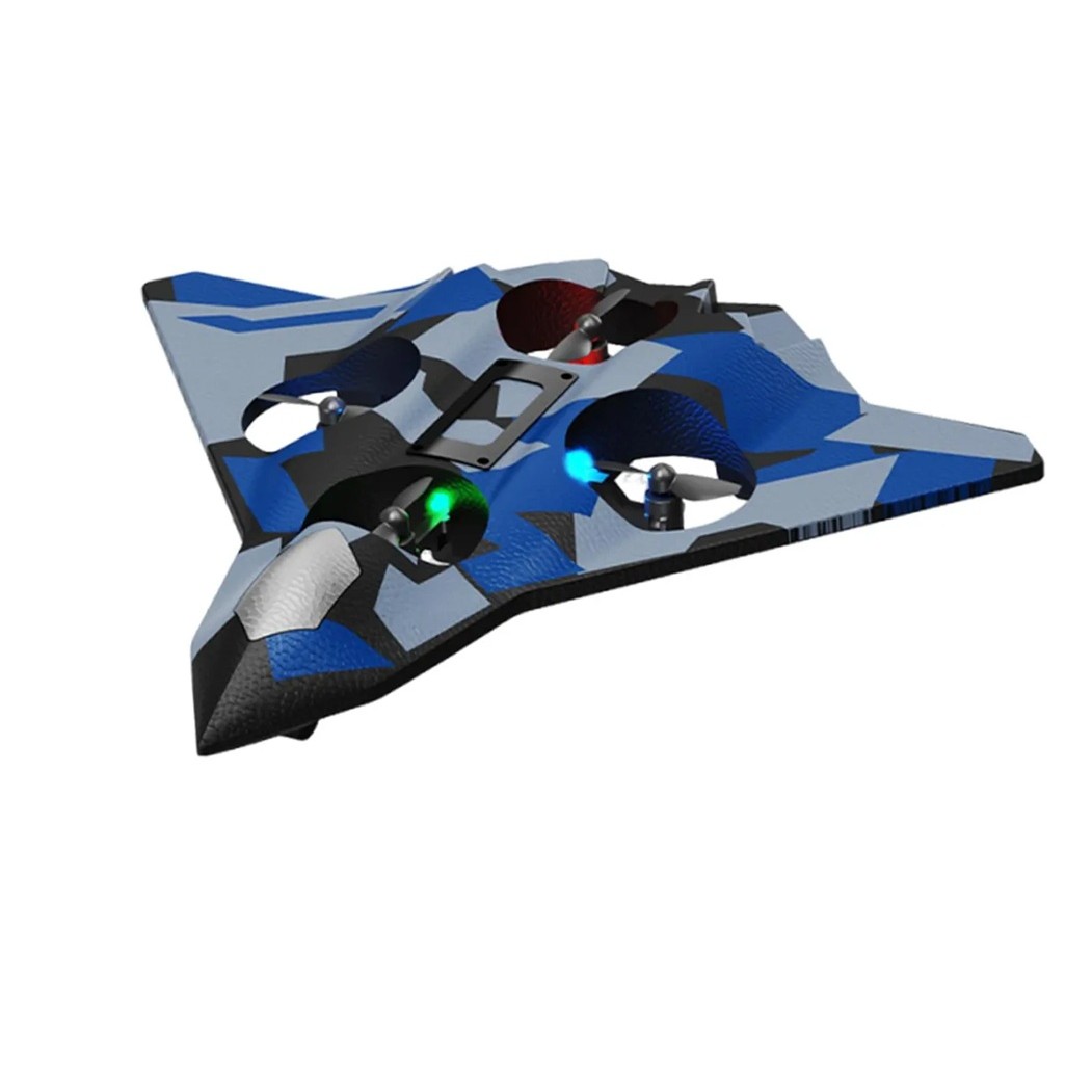 Avion de Lupta cu Telecomanda, Flippy, Tip Drona, din EVA (Spuma), cu Telecomanda, Incarcare USB, 2.4 GHz, Rotire 360°, Zbor pana la 100 m, LED, 24 x 25.5 x 4.2 cm, Model Army, Albastru