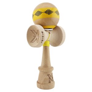 Kendama X Originala FREQUENCY, Profesionala, Flippy, Cupe Mari KING SIZE V3, Super Sticky, Gaura in Baza, Rulment Metalic, din lemn 18 cm, Ata 62/65 cm, Galben/Maro